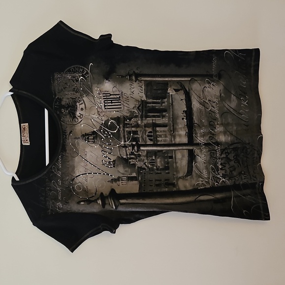 Vtg BLUE CANYON Y2k Black Venice Italy Embellished Baddie Graphic Tee - Picture 2 of 8